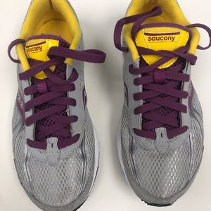 Gray/yellow Saucony sneakers w/ purple laces